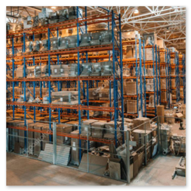 Logistics warehouse with workers and pallets