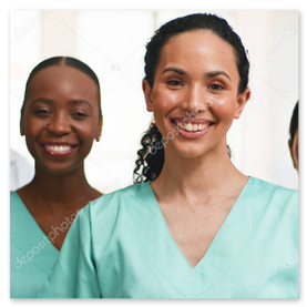 Healthcare staff in a hospital corridor